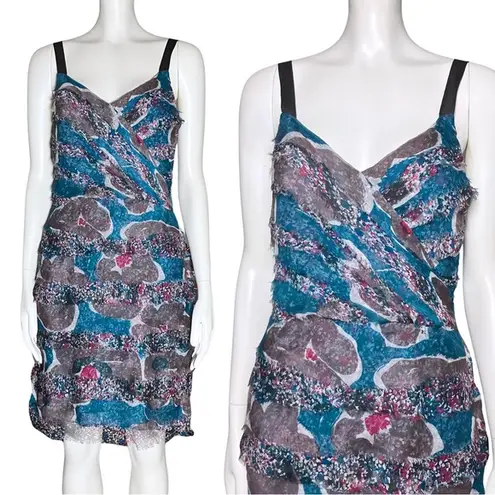 Vintage Y2K 100% Silk Teal Fairy Grunge Raw Edge Mini Dress Small Funky Colorful Blue