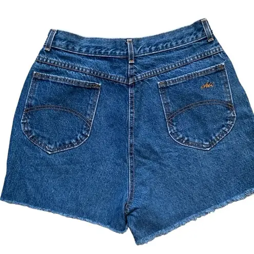 Vintage Chic Cutoff Jean Shorts Baggy Medium Wash High Waisted Mom Frayed Denim Blue Size 14