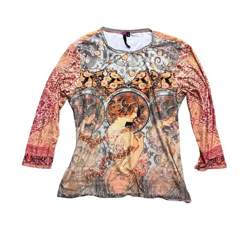 Y2K VTG. MADE IN USA ART NOUVEAU ALL OVER PRINT NU CONSTRUCTION TOP MEDIUM EUC Orange