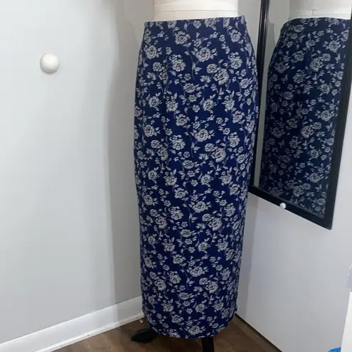 VNTG 90s FLORAL SILK MAXI SKIRT NAVY WITH CREAM FLOWERS PRINTED ALL OVER LINED Blue Size M