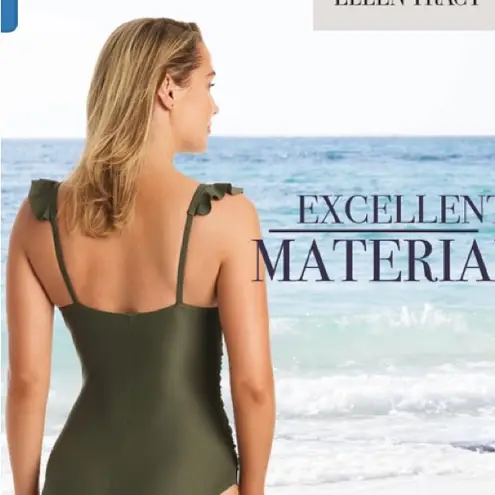 Ellen Tracy Swimsuit Womens Mio New Olive V-Neck Flutter Sleeve One-piece NWT!