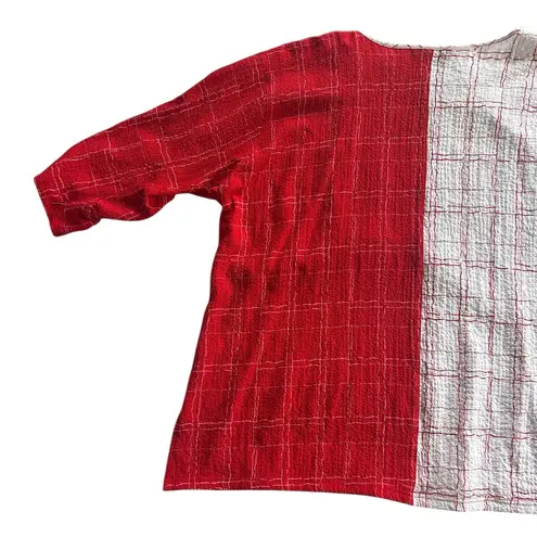Ali Miles 2X Windowpane Contrasting Tunic Blouse Button 3/4 Sleeve red white