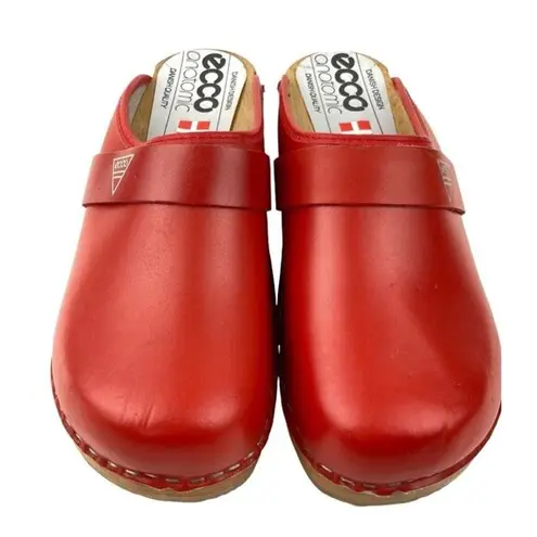 Ecco * Clog Womens EU 36 Red Leather Open Back Wood Sole Anatomic Danish Design