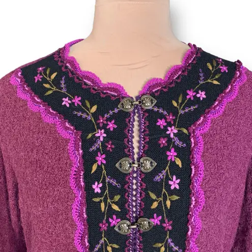 Vintage Burgundy Embroidered Alpaca Wool Cardigan Boho Folk Dark Floral Trim Pink Size L