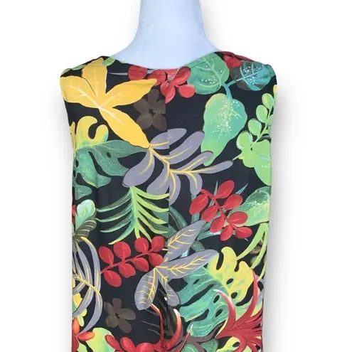 Vintage 90s Dress Sleeveless Scoopneck Multicolor Tropical Print Leaf Medium Green