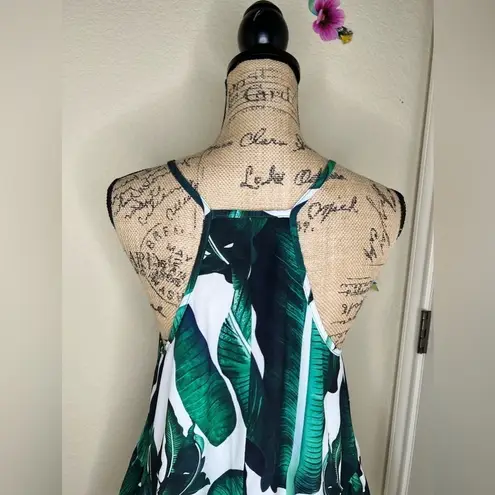 Tropical Palm Leaf Greens & White Print Tank Top Hi Lo Style w Ruffle Hem Sz L Size L