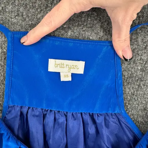 Britt Ryan 100% Silk Saphire Blue Mini Shift Dress Ruffle Top Spaghetti Strap XS