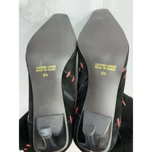 Womans Maraolo Month Mid Calf Boots 8.5 Black Red Pointed Toe Side Zip Stilettos