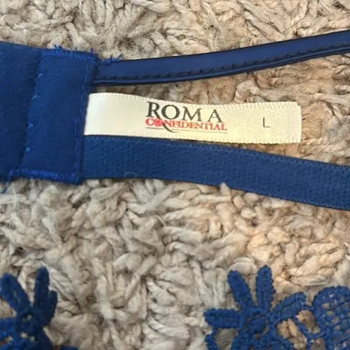 Roma  Confidential Navy Blue Satin & Lace Bra with Gold Accent—Size Large