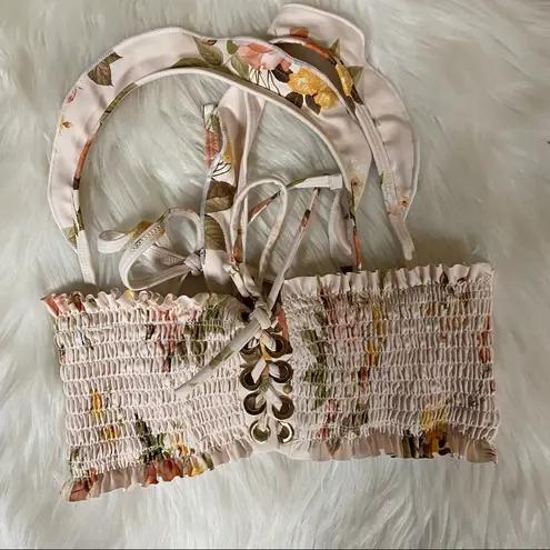 Power 2 the Flower Pale Pink Lace Up Floral Frosty Jane Bikini Swim Top Sz XS