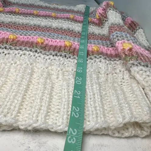 Handmade Knit White Pink Striped Crew Neck Sweater S Flowers