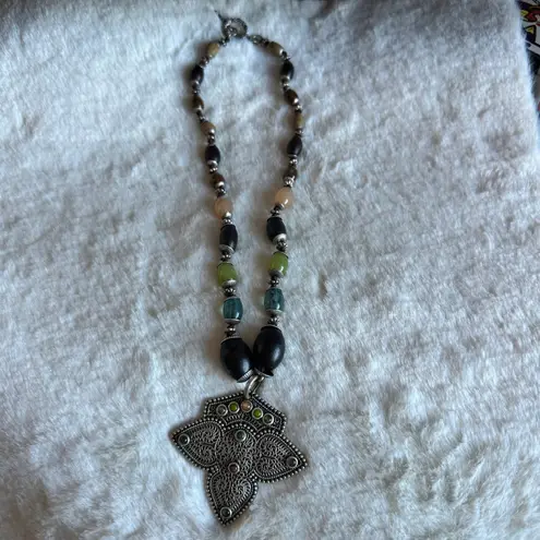 Boho Artisan Beaded Necklace Tribal Filigree Pendant Statement Earthy Y2K Witchy