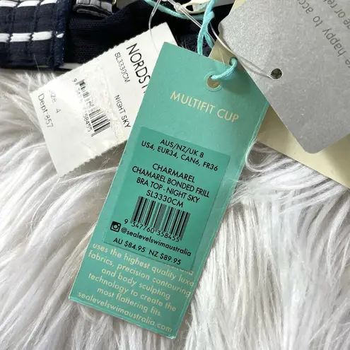 Sea Level Navy Blue Stripe Frill Ruffle Bikini Swim Swimsuit Top womens 4 XS new