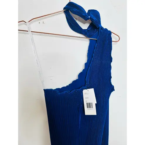 L’IDEE Regal Blue 90s One Shoulder High Neck Satin Plisse Lettuce Hemline Dress Size 10