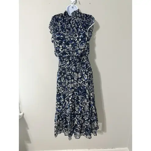 AQUA  BLOOMINGDALES FLORAL‎ SMOCKED TIERED RUFFLE MIDI DRESS EUC SIZE L