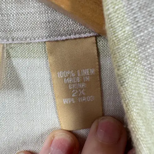 Kate Hill Top Women 2X Plus Size Tan Stripe 100% Linen Button Up Roll Tab Coast