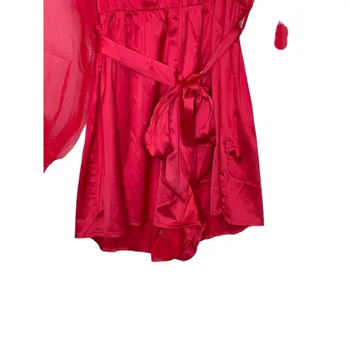 Fanco Women Romper Sheer V Neck Lace Long Sleeve Tie Waist Red Sz. Medium NWT