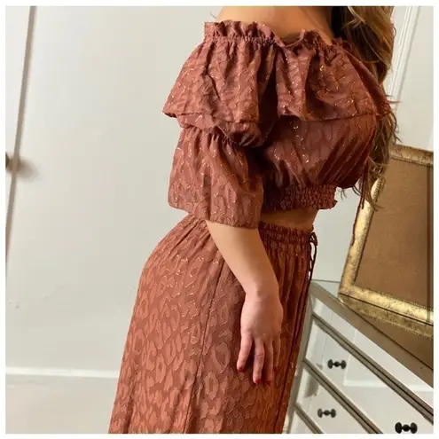 H&M  Rust Orange Brown Cheetah Wide Leg Pants & Bardot Crop Top Set Size 12 Large - Image 3