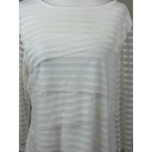 Dana Buchman L White Layered Mesh Stripe Top Sheer Blouse Long Sleeve Stretch