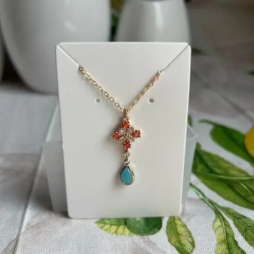 Orange Amber Crystal Turquoise Jewelry Set, Diamond Cross, Teardrop, Casual