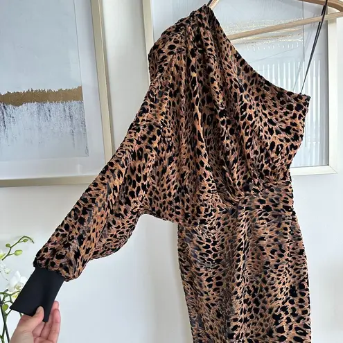 NEW Retrofete Dress Mini Womens XS Leopard Animal Print One Shoulder Revolve Brown