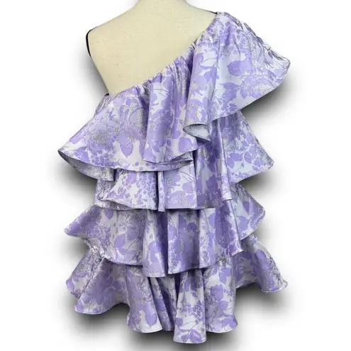 ASOS LUXE Ruffle One Shoulder Jacquard Mini Dress Purple Silver 6 Runs Small