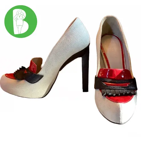 Jason Wu LINEN ECRU W/RED & BLACK LEATHER HEELED LOAFERS (36)