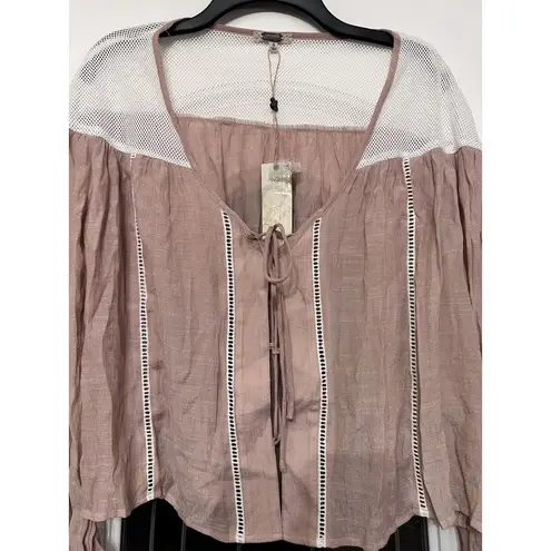 Gimmicks by BKE Gimmicks By Buckle Blouse Shirt Top Womens Size Small Crochet Boho Lace Up Tan