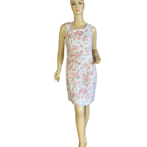 Sag Harbor VINTAGE 1990'S PETITE BEIGE, PINK & GREEN FLORAL PRINT DRESS (12P)