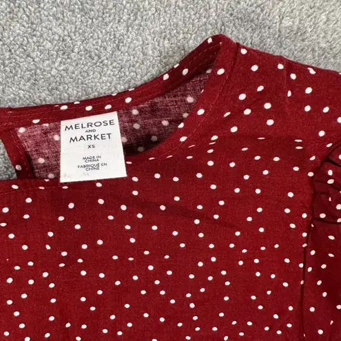 Melrose and Market Polka Dot Dress Women's X-Small Burgundy 3/4 Sleeve Drop Hem