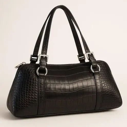 Bisou Bisou Satchel Bag Croc Embossed Leather Top Handle Designer Purse