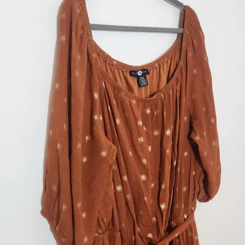 Ashley Stewart Brown Boho Midi Dress with Metallic Gold Detail Size 26/28W