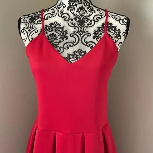 Soprano  Women's V Neck Spaghetti Strap Red Fit to Flare Pleat Dress Size L.