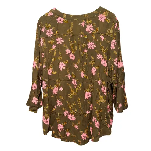 Monday Fun Womens 1X Floral Tunic Top Olive Green Pink V Neck Button Rayon