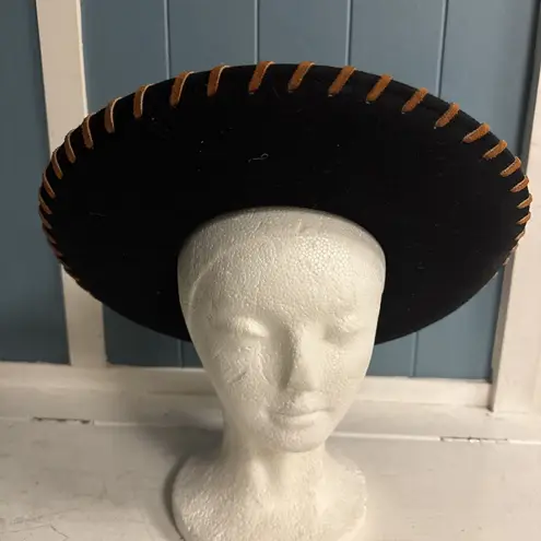 Vintage 100% Wool Black Wool Brown Leather Hat Doeskin Felt NWT