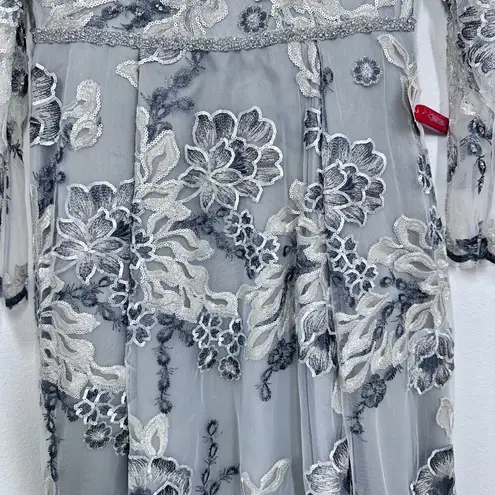 Mac Duggal Floral Embroidered Illusion Long Sleeve Gown Platinum Silver NWT 8