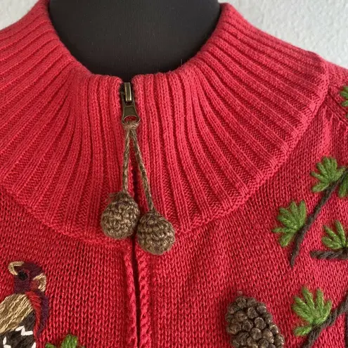 Coldwater Creek Vintage  Zip Cardigan Sweater L Large Red Embroidered Birds Pines