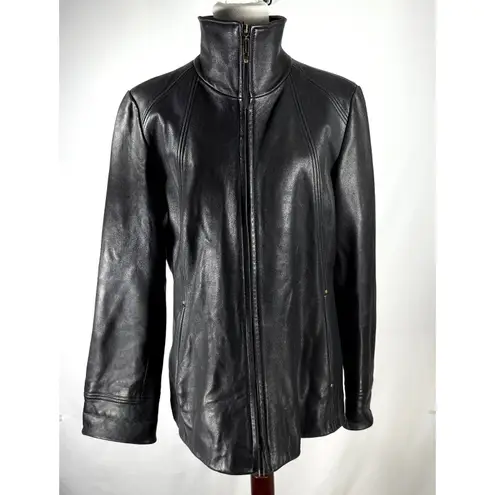 Ellen Tracy Womens Black Leather Zip Front Jacket Size L Funnel Collar Old Money