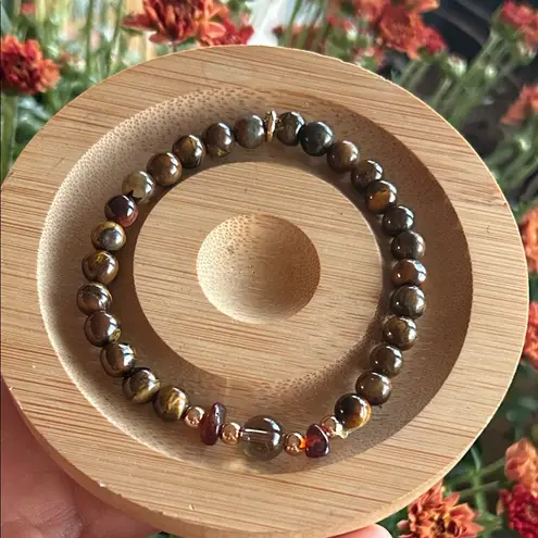 Handmade Tigers Eye + Smoky Quartz + Red Tourmaline Beaded Bracelet *