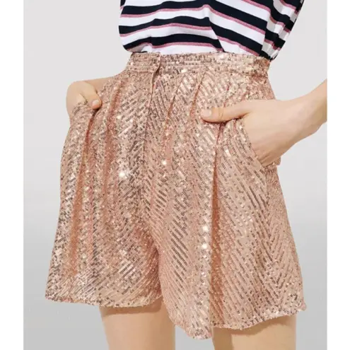Maje 💕💕 Paillette Pleated Sequined Tulle Shorts High Rise ~ Metal Pink 38 NWT
