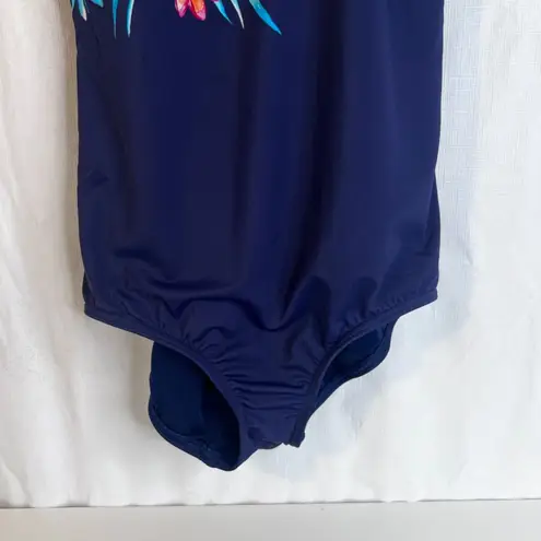 Lands End One Piece Swimsuit Navy Blue with Floral Shelf Bra Size 8 Beach Swim