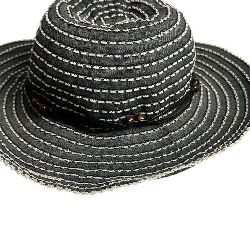 REI Black White Striped Sun Hat Beaded Accent Packable Summer Beach