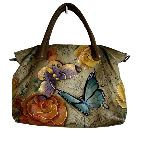 Anuschka Anna Double Handle Shoulder Bag Floral Butterfly Tote *No Crossbody