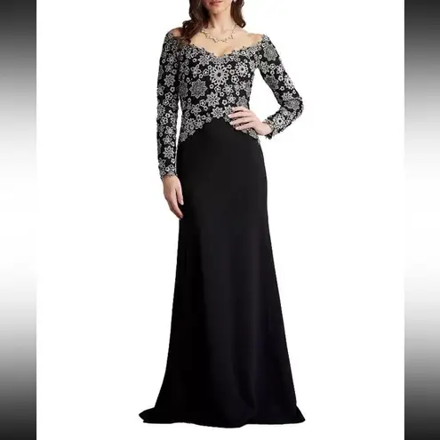 Tadashi Shoji Black Ivory Embroidered Off the Shoulder Gown Sz 10