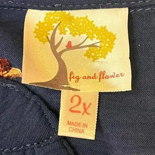 Fig & Flower Women’s Navy Floral Embroidered Long Sleeve Bohemian Blouse 2X Blue