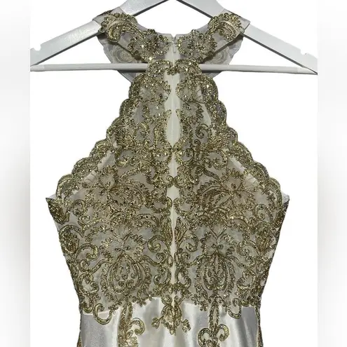 XScape Embellished Embroidered Mikado Party Dress White Gold Size 2 EUC