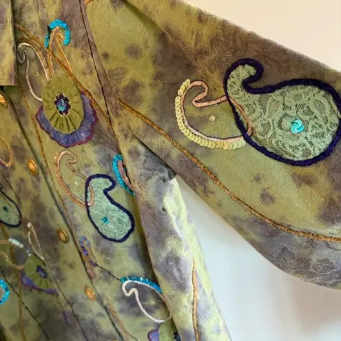 Indigo Moon Boho Embroidered Paisley Jacket M Button Front Sequins Green Size M