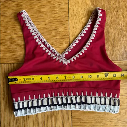 Carbon38 La Plage Crochet Banded Sports Bra, Red/Nude/Silver, Sz XS Red