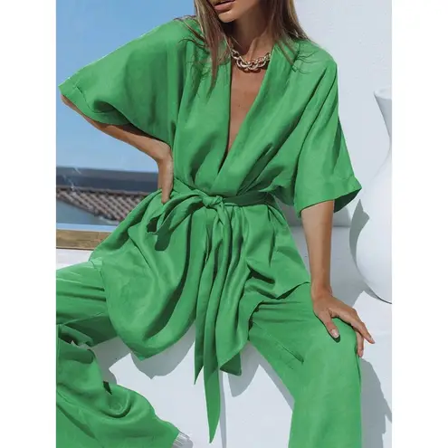 Commense Women's Oversized Linen Tied Two Piece Pants Set Green Size Small NWT - Image 2