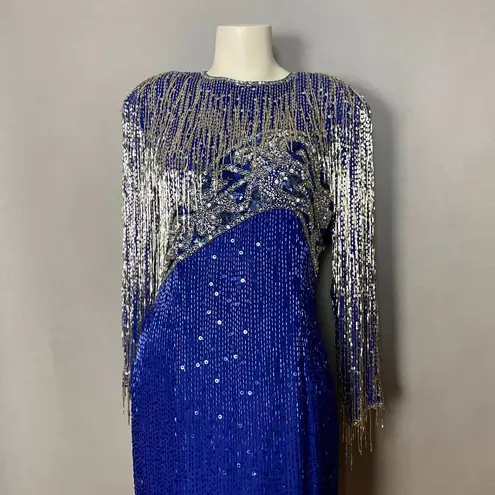 Oleg Cassini Vintage Formal Dress I. Magnin Sequins Beaded Fringe Blue Glamour - Image 3